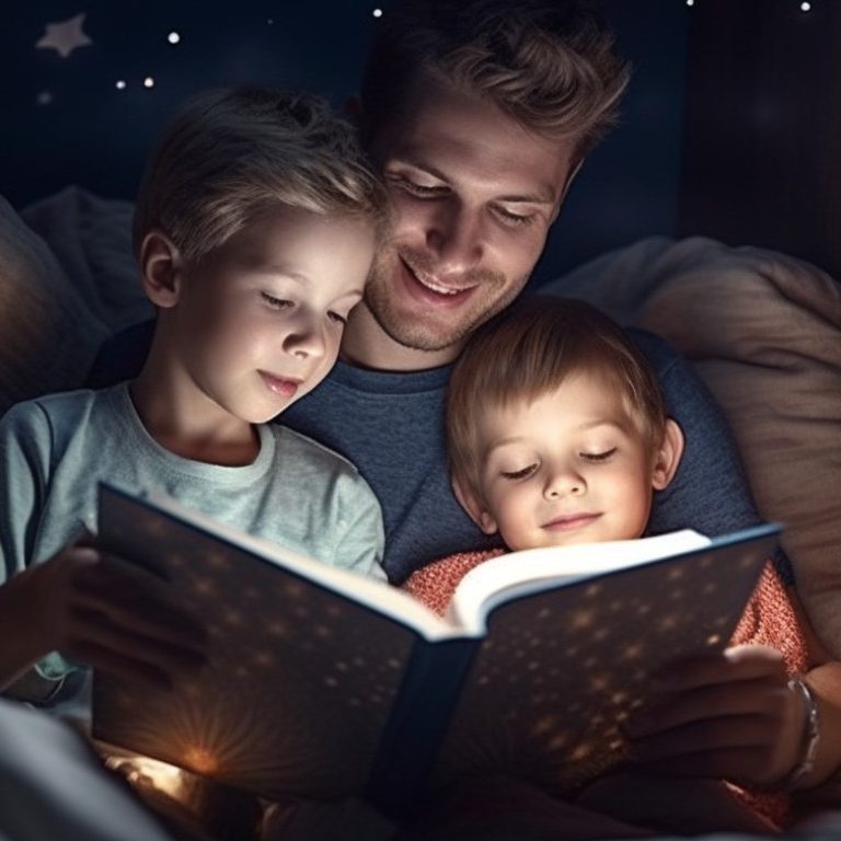 6 Gründe, warum man Kindern vor dem Schlafengehen etwas vorlesen sollte Vater liest zwei Kindern Abends im Bett eine Geschichte vor